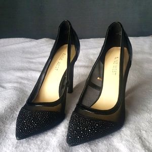 BLACK MESH PATANT LEATHER HEELS WITH EMBELISHED RHINESTONE